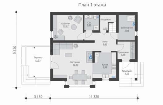 Одноэтажный жилой дом с мансардой, террасой и балконом